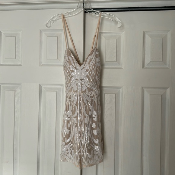 Lulus Catch a Spark White and Beige Sequin Romper for bachelorette shower or fun - Picture 1 of 13